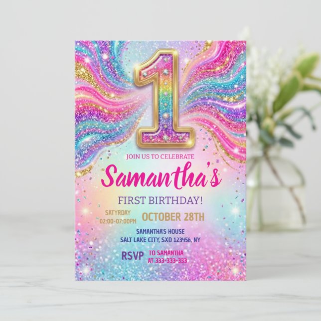 Invitation Rainbow Sparkle Glitter First Birthday Party (Debout devant)