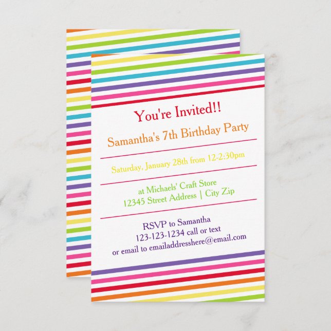 Invitation Rainbow Stripes fête d'anniversaire - 3x5 Invitati (Devant / Derrière)