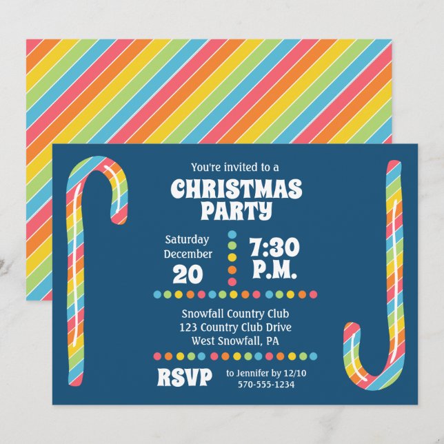 Invitation Rainbow Sucres de canne Navy Blue Christmas Party (Devant / Derrière)
