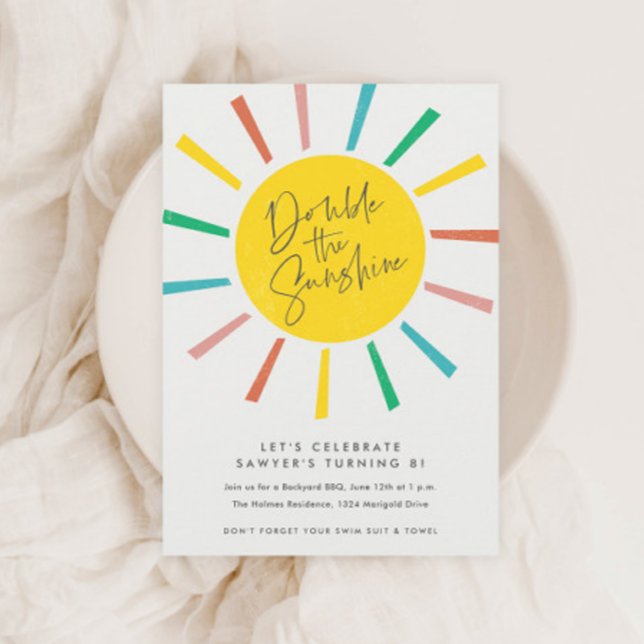 Invitation Rainbow Sun Script Twins fête d'anniversaire (Modern Colorful Sun Twins Kids Birthday Party Invitations.)