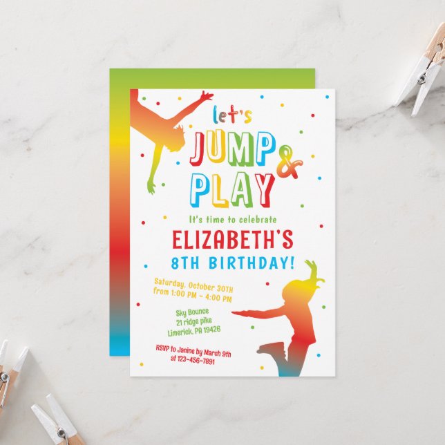 Invitation Rainbow Trampoline Park Anniversaire de enfant Par (Devant/Arrière en situation)