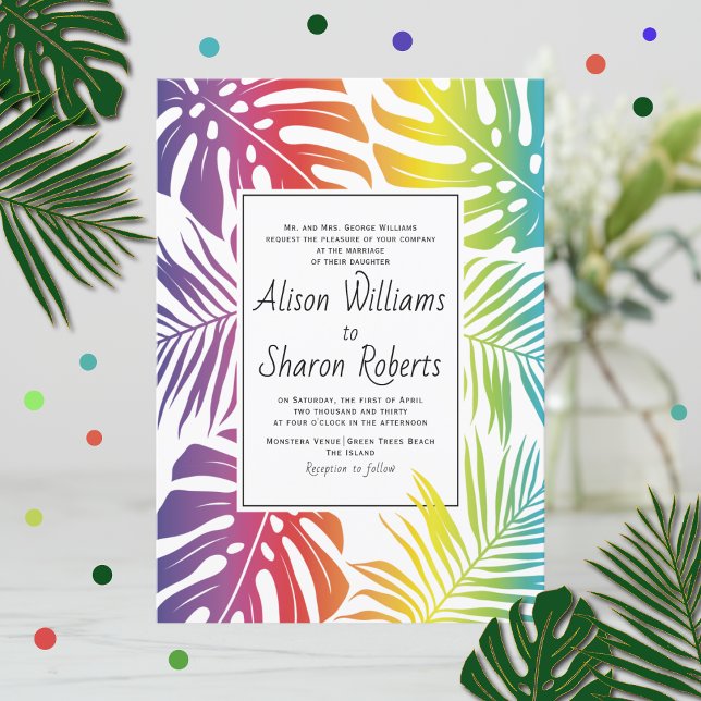 Invitation Rainbow tropicale feuille motif gay lesbienne mari (Créateur téléchargé)