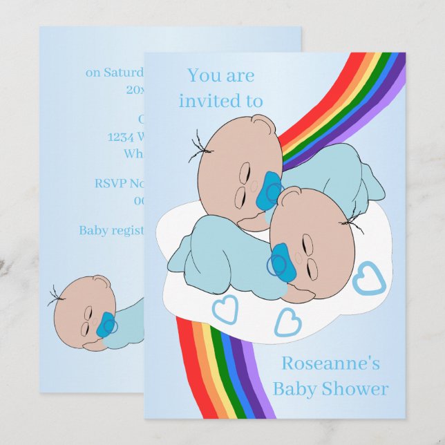 Invitation Rainbow Twin Baby Boys Baby Shower (Devant / Derrière)