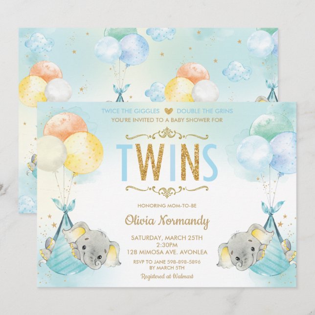 Invitation Rainbow Twin Boys Elephant Baby shower Sprinkl (Devant / Derrière)
