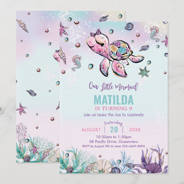 Invitation Rainbow Under the Sea Turtle Coral Birthday Party (Devant / Derrière)
