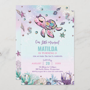 Invitation Rainbow Under the Sea Turtle Coral Birthday Party 