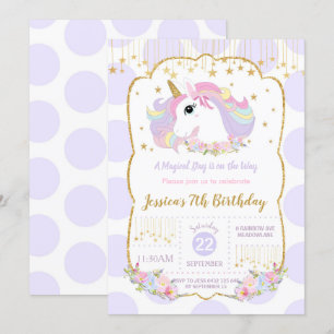 Invitation Rainbow Unicorn 1er Anniversaire Purple Polka Dot