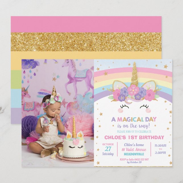 Invitation Rainbow Unicorn 1ère fête d'anniversaire fille ave (Devant / Derrière)