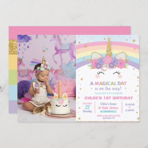 Invitation Rainbow Unicorn 1ère fête d'anniversaire fille ave