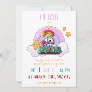 Invitation Rainbow Unicorn 3e anniversaire fête Cupcake