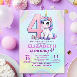 Invitation Rainbow Unicorn 4th Birthday for Girls”