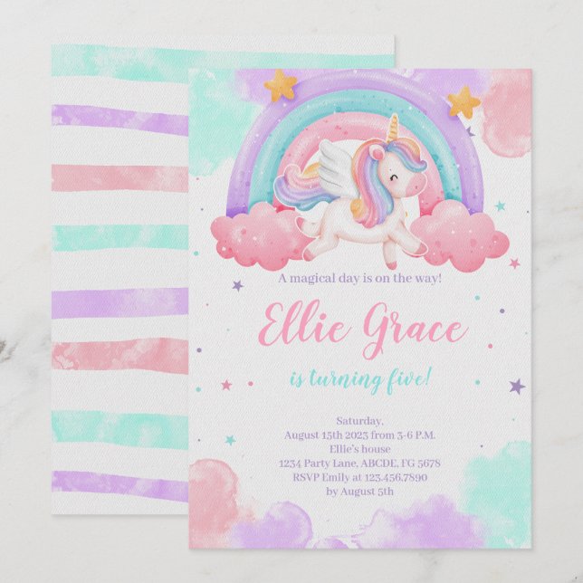 Invitation Rainbow Unicorn Anniversaire Magique Unicorn (Devant / Derrière)