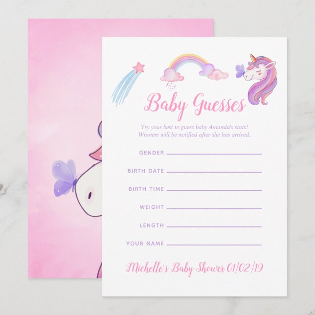 Invitation Rainbow Unicorn Baby Girl Shower Baby Guesses (Devant / Derrière)