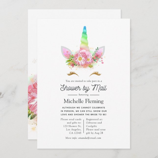 Invitation Rainbow Unicorn Baby shower par courrier (Devant / Derrière)