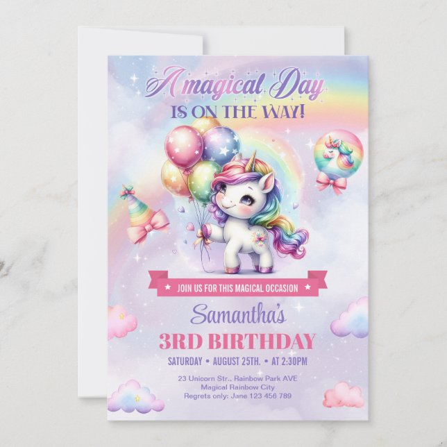 Invitation Rainbow Unicorn Birthday Girls Pastel 3ème anniver (Devant)
