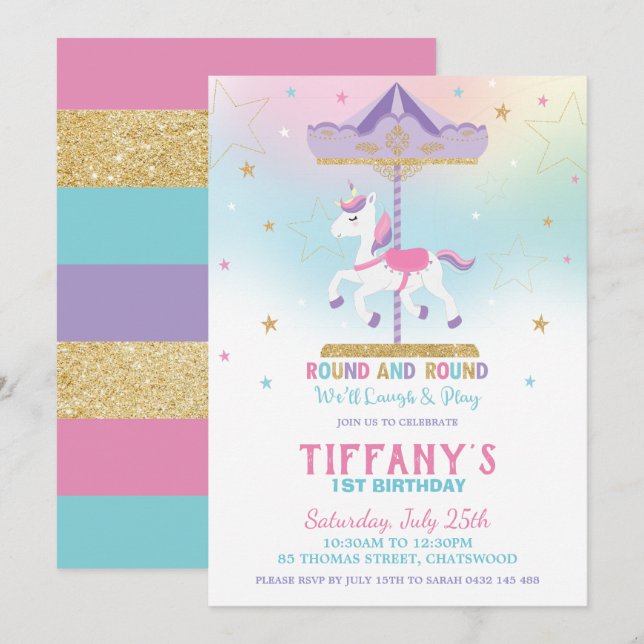 Invitation Rainbow Unicorn Carousel 1er anniversaire Parties  (Devant / Derrière)