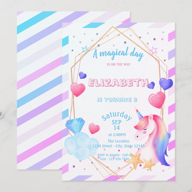 Invitation Rainbow Unicorn, Coeurs, Anniversaire rayé (Devant / Derrière)
