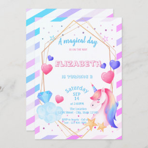 Invitation Rainbow Unicorn, Coeurs, Anniversaire rayé