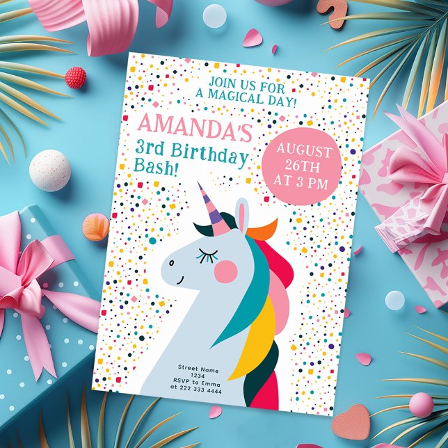 Invitation Rainbow Unicorn Editable Anniversaire Design (Créateur téléchargé)