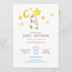 Invitation Rainbow Unicorn Hanging from Stars Baby shower