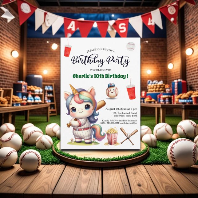 Invitation Rainbow Unicorn jouant au baseball 10e anniversair (Créateur téléchargé)