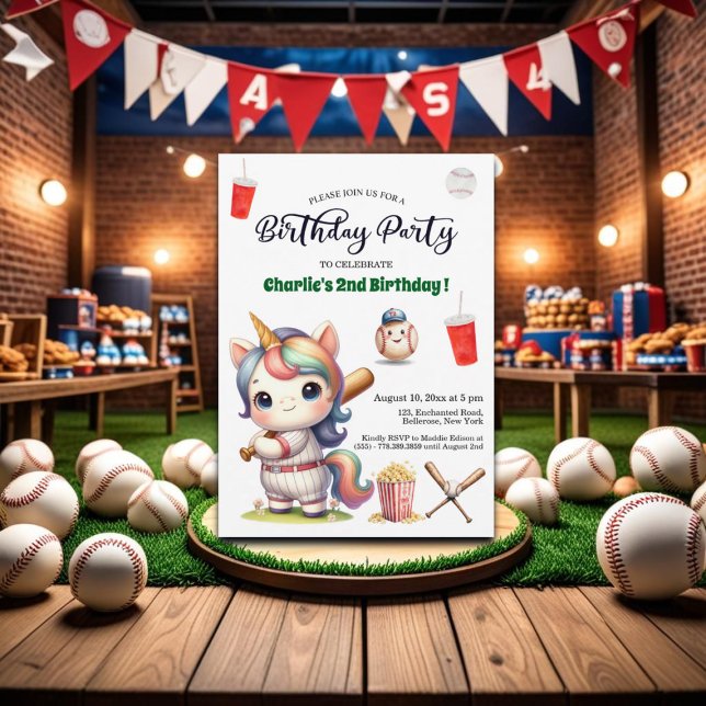 Invitation Rainbow Unicorn jouant au baseball 2e anniversaire (Créateur téléchargé)