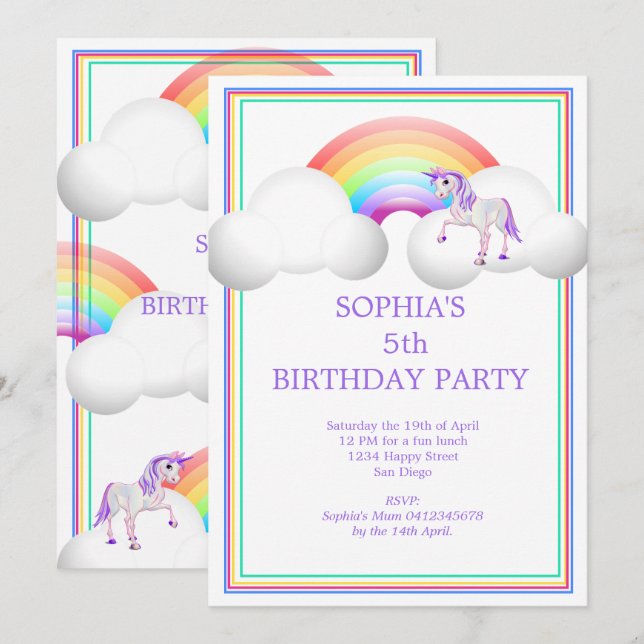 Invitation Rainbow Unicorn Magique mignonne Anniversaire (Devant / Derrière)