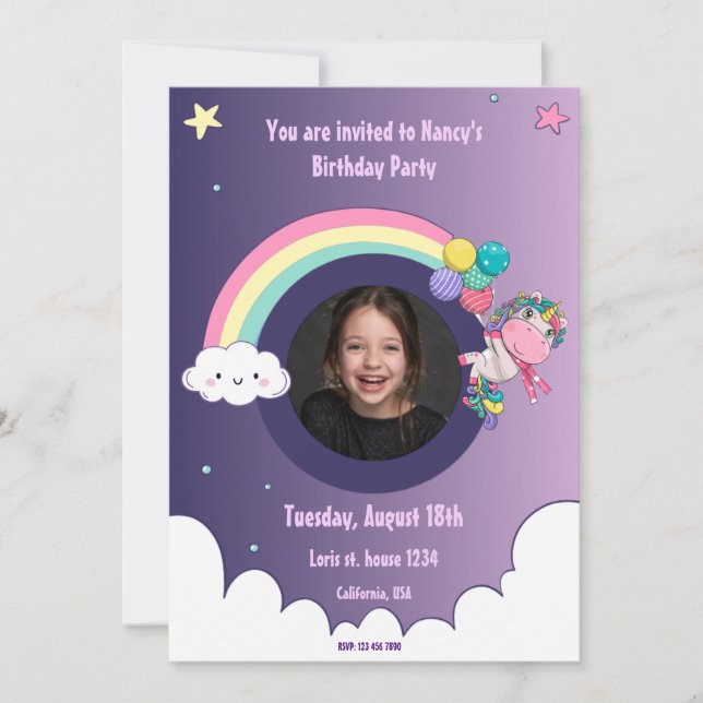 Invitation Rainbow unicorn mignonne fête d'anniversaire Invit (Devant)