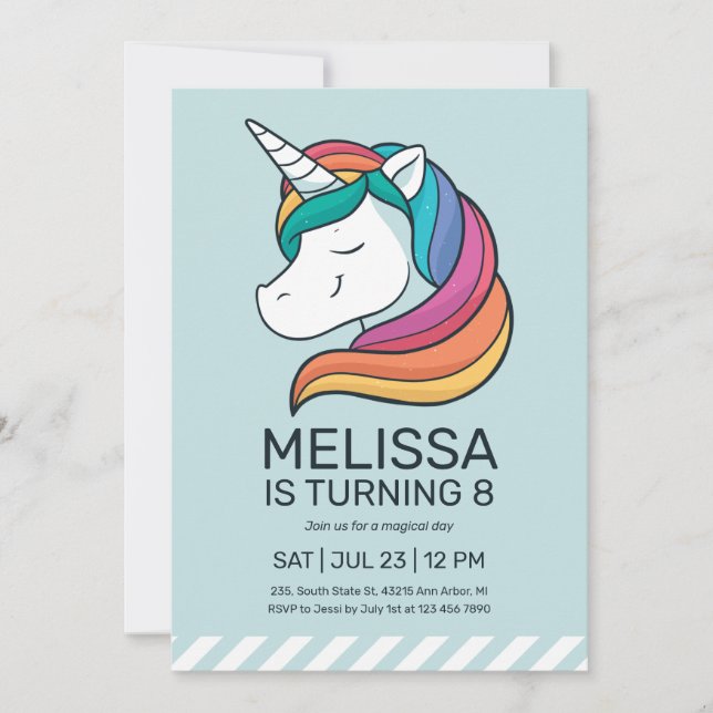 Invitation Rainbow Unicorn Mint Green Girl Anniversaire (Devant)