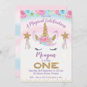 Invitation Rainbow Unicorn Parties scintillant 1er anniversai