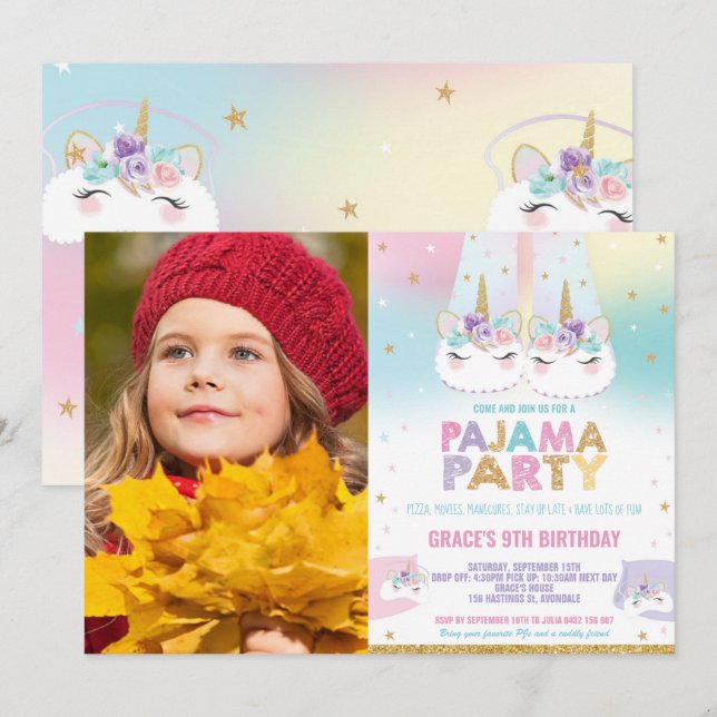 Invitation Rainbow Unicorn Pyjama fête d'anniversaire Photo (Devant / Derrière)