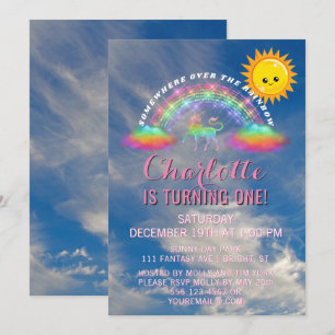Invitation Rainbow Unicorn Soleil Nuages 1er fête d'anniversa