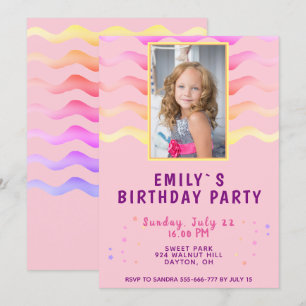 Invitation Rainbow Waves Pink Girl Photo Party