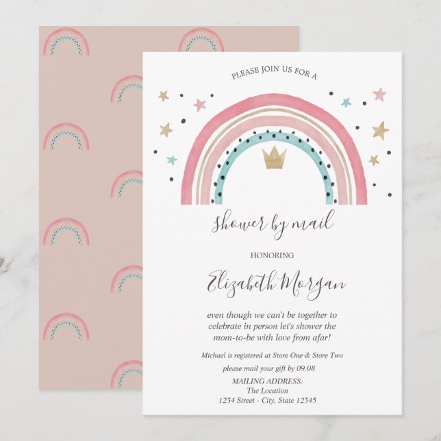 Invitation Rainbows Crown Baby shower virtuel par courrier (Devant / Derrière)