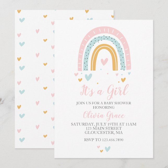 Invitation Rainbows et Hearts Girl Baby shower Pastel (Devant / Derrière)