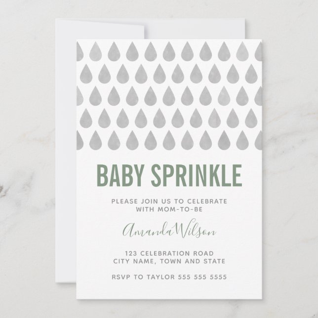 Invitation Raindrop Sage Green Grey Aquarelle Bébé Sprinkel (Devant)