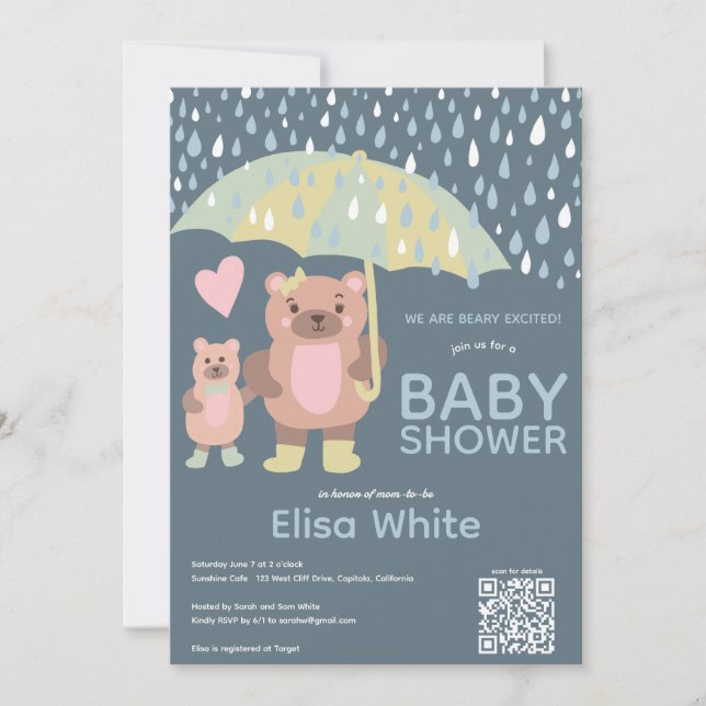 Invitation Raindrops Mama & Baby Bear QR CODE Douche personna (Devant)