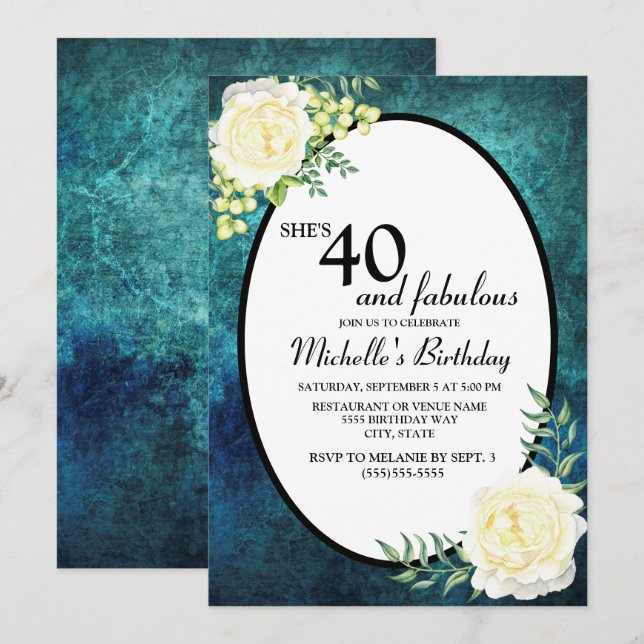 Invitation Raisins de Roses turquoises et blanches 40e annive (Devant / Derrière)