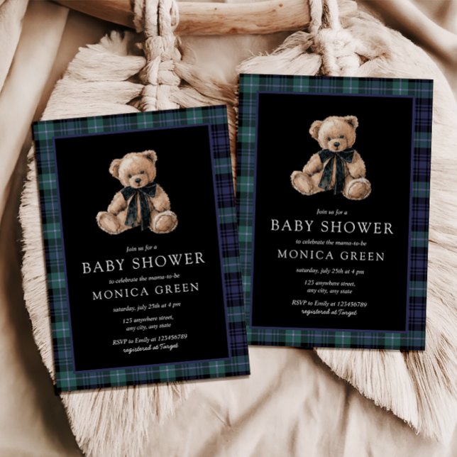 Invitation Ralph Teddy Bear Navy Green Plaid Baby Shower (Ralph Christmas Baby Shower Invitation Plaid Green Blue Plaid Tartan Teddy Bear)