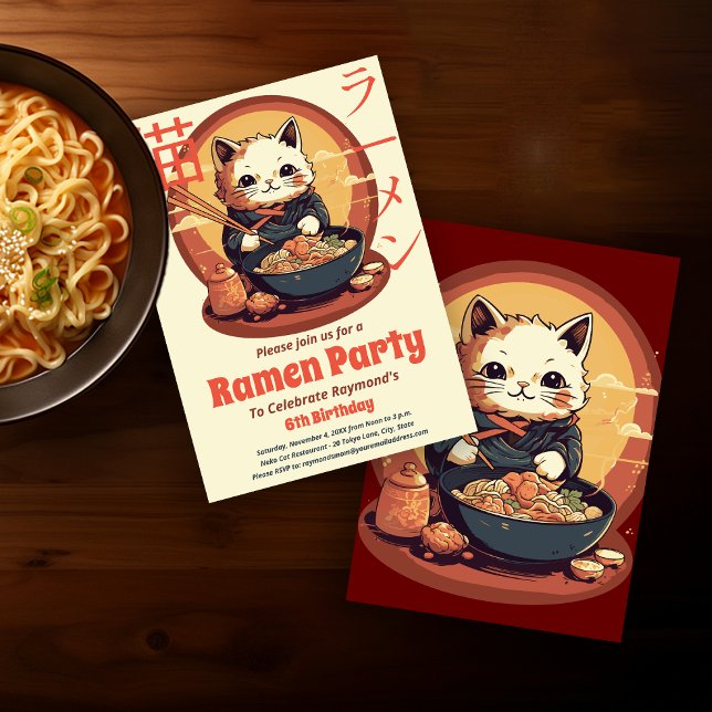 Invitation Ramen fête d'anniversaire avec Ramen Cat japonais (Créateur téléchargé)