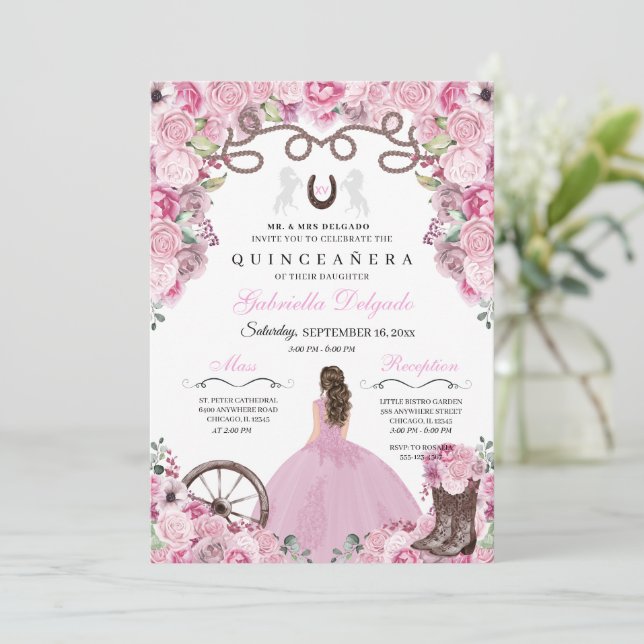 Invitation Ranchero Quinceanera rose Occidentale (Debout devant)