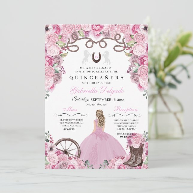 Invitation Ranchero Quinceanera rose Occidentale (Debout devant)