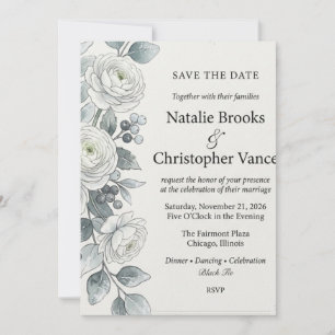Invitation Ranunculus blanc et baies bleu poussiéreux Aquarel