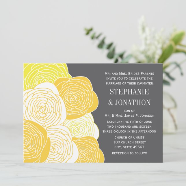 Invitation Ranunculus Rose Jaune et gris Mariage moderne (Debout devant)