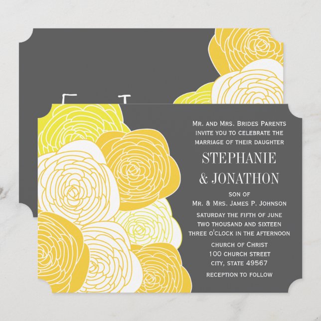 Invitation Ranunculus Rose Jaune et gris Mariage moderne (Devant / Derrière)