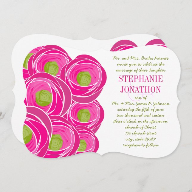 Invitation Ranunculus Rose Lime Fuchsia Mariage moderne Invit (Devant / Derrière)