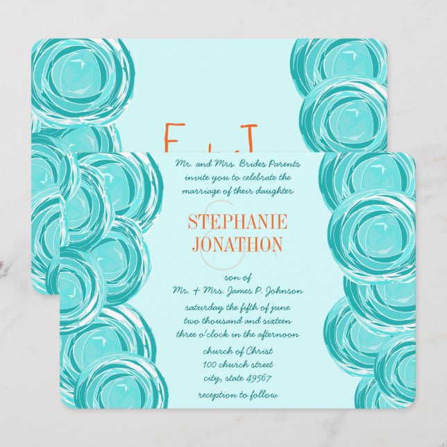 Invitation Ranunculus Rose Mint Coral Mariage moderne Invitat (Devant / Derrière)