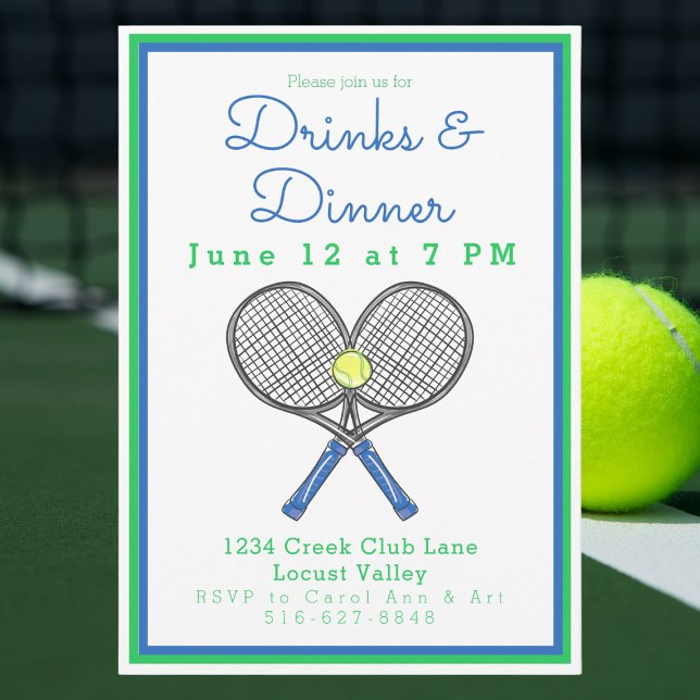 Invitation Raquettes de tennis bleu Preppy Boissons Dîner (Créateur téléchargé)