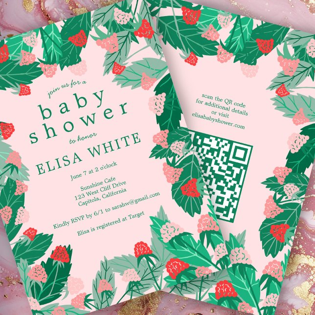 Invitation Raspberry Patch Cute CUSTOM QR Code BABY SHOWER (Raspberry Patch Cute CUSTOM QR Code BABY SHOWER Invitation Pink Green)
