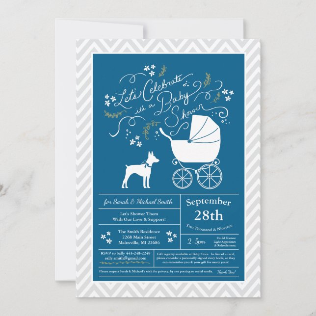 Invitation Rat Terrier Chien Baby shower Blue Boy (Devant)